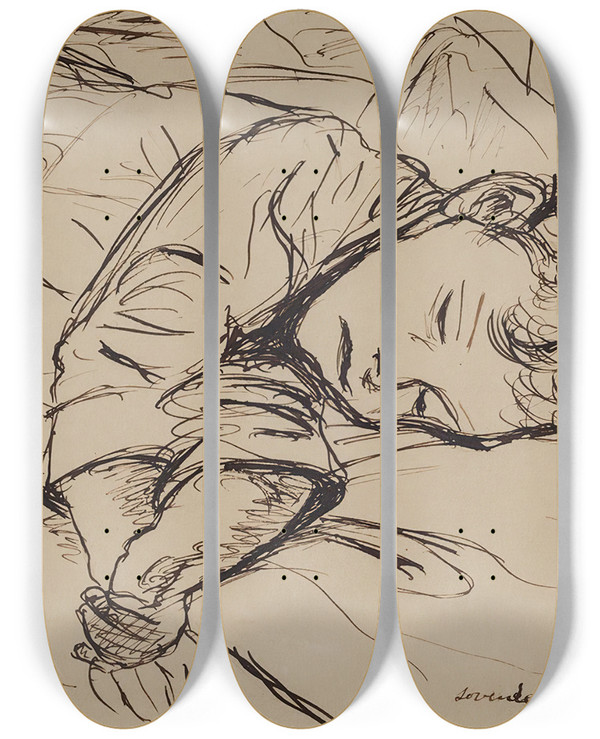 Triptych art skateboard deck of John Christensen Sovende Barn by John Christensen (1896-1940)