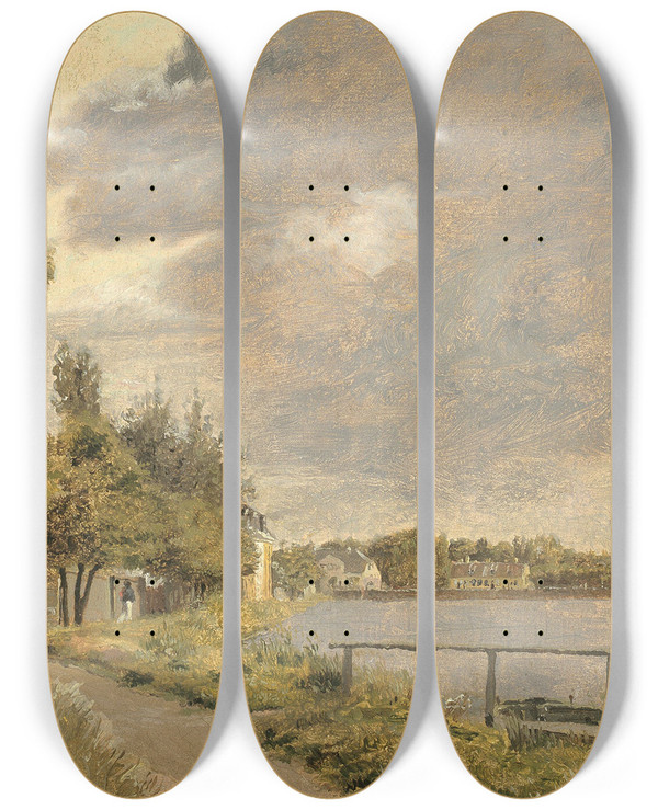 Triptych art skateboard deck of Christen Kbke View Of Dosseringen Near The Suburb Sterbro Outside Copenhagen Cloudy Sky by Christen Kobke (1810-1848)