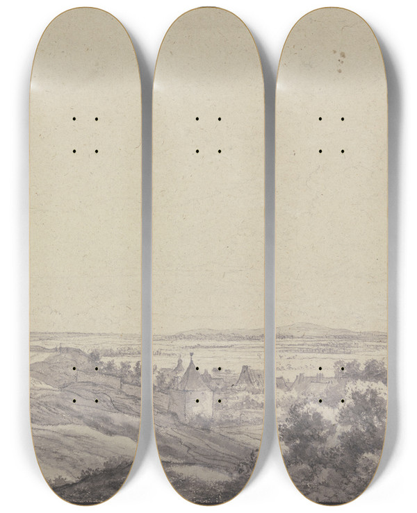 Triptych art skateboard deck of Antonie Waterloo Landschaft Links Ein Turm Einige Mauern Und Huser Rechts Gebsch Fernsicht by Antonie Waterloo (1609-1690)