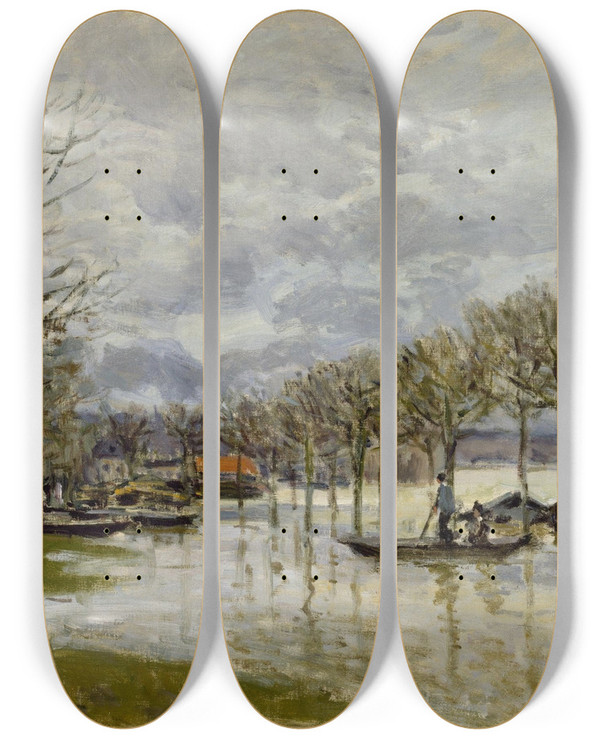 Triptych art skateboard deck of Alfred Sisley The Flood On The Road To Saintgermain by Alfred Sisley (1840-1899)