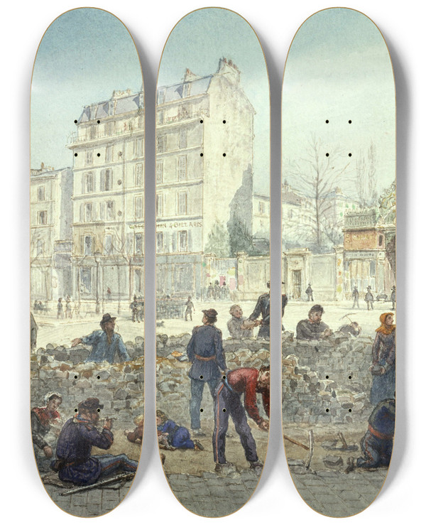 Triptych art skateboard deck of Jeanbaptistefranois Arnauddurbec Barricade Sous La Commune Place Blanche by Jean-Baptiste-Franois Arnaud-Durbec (1827-1910)
