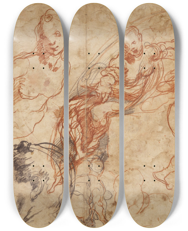 Triptych art skateboard deck of Taddeo Zuccaro Figure Studies by Taddeo Zuccaro (1529-1566)
