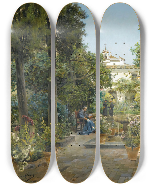 Triptych art skateboard deck of Manuel Garca Y Rodrguez Garden In Seville by Manuel Garcia Y Rodriguez (1863-1925)