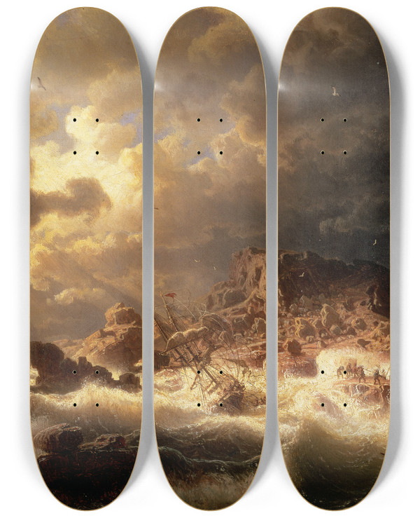 Triptych art skateboard deck of Marcus Larson Gale On The Bohusln Coast_1 by Marcus Larson (1825-1864)