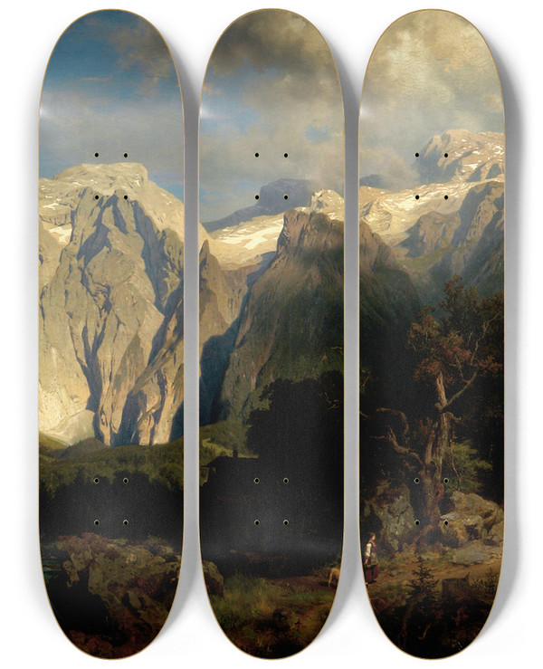 Triptych art skateboard deck of August Leu Kalkgebirgslandschaft by August Laux (1818-1897)