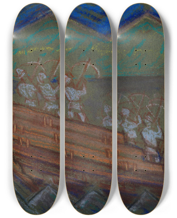 Triptych art skateboard deck of Akseli Gallenkallela The Great Kalevala Defending Sampo From The Boat With Archers by Akseli Gallen Kallela (1865-1931)