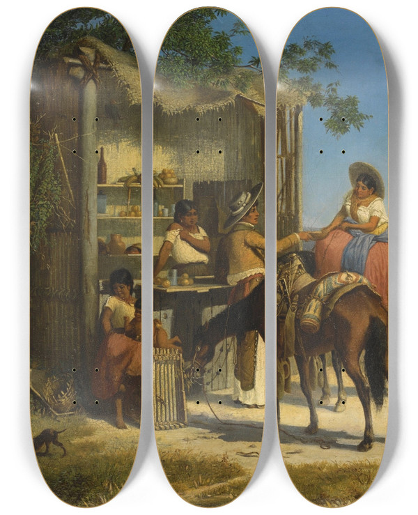 Triptych art skateboard deck of Manuel Serrano Escena De Venta by Manuel Serrano (1814-1883)