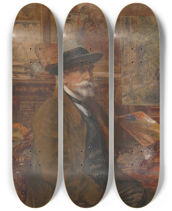 Triptych art skateboard deck of Charles Boom Self Portrait by Charles Boom (1858-1939)