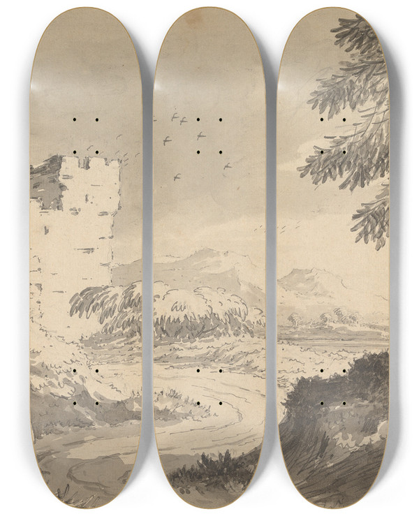 Triptych art skateboard deck of William Gilpin Landscape With Road Leading To Abbey by William Gilpin (1724-1804)