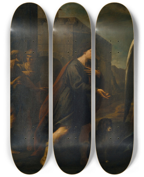 Triptych art skateboard deck of Andrea Vaccaro Tobias Meets The Archangel Raphael by Andrea Vaccaro (1604-1670)