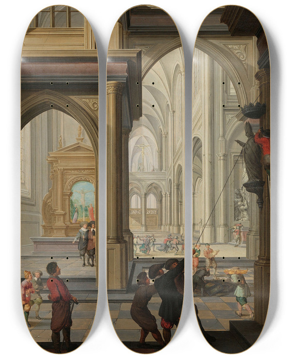 Triptych art skateboard deck of Dirck Van Delen Iconoclasm In A Church by Dirck Van Delen (1604-1671)
