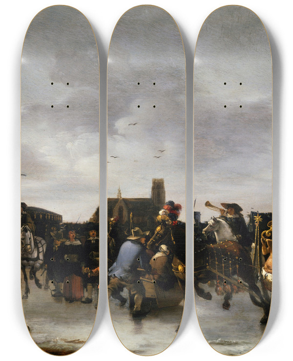 Triptych art skateboard deck of Egbert Van Der Poel A Skating Scene by Egbert van der Poel (1621-1664)