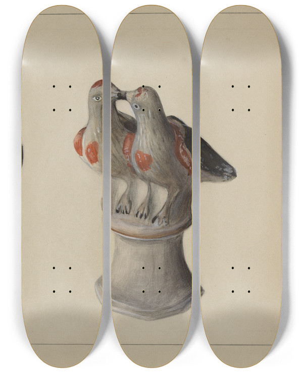 Triptych art skateboard deck of Mina Lowry Chalkware Lovebirds by Mina Lowry (1894-1942)
