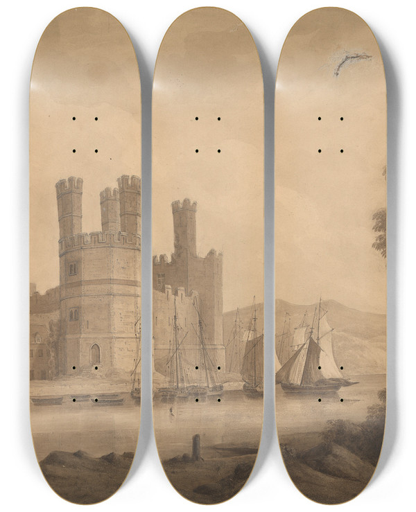 Triptych art skateboard deck of Isaac Weld Caernarvon Castle Eagle Tower by Isaac Weld (1774-1856)