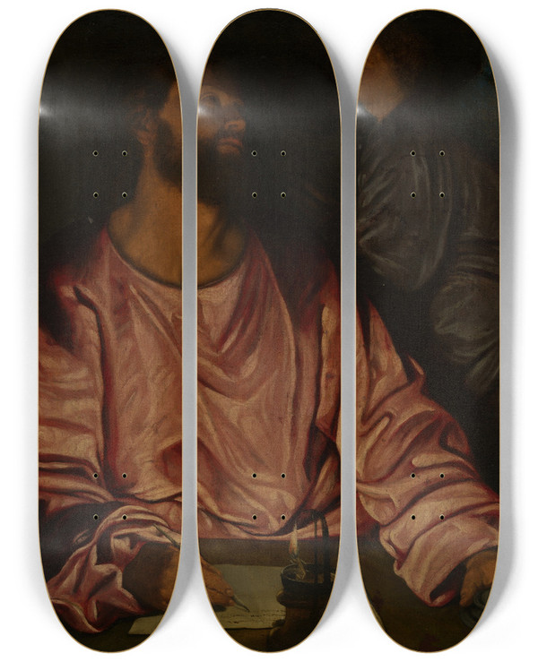 Triptych art skateboard deck of Giovanni Girolamo Savoldo Saint Matthew And The Angel by Giovanni Girolamo Savoldo (1485-1548)