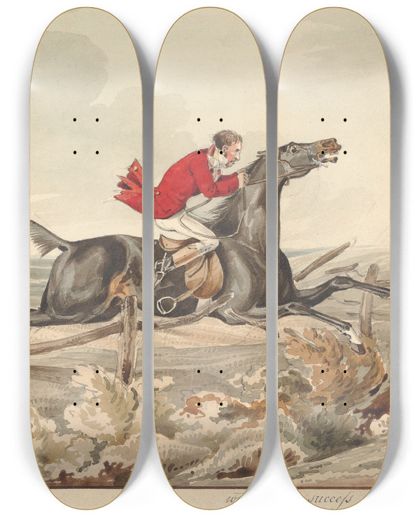 Triptych art skateboard deck of Henry Thomas Alken Qualified Horses And Unqualified Riders Charging An Ox Fence With Good Success by Henry Thomas Alken (1785-1851)
