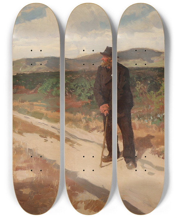 Triptych art skateboard deck of Erik Henningsen Landskab Med En Mand Og En Kone P En Grusvej by Erik Henningsen (1855-1930)