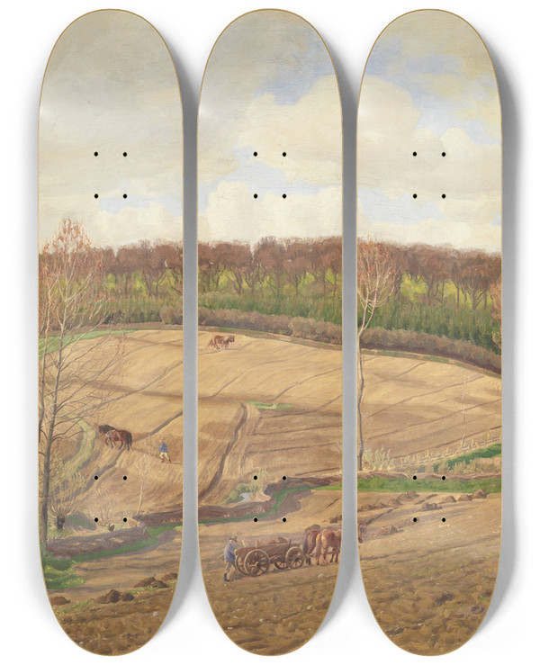 Triptych art skateboard deck of Fritz Syberg Ved Forrstid by Fritz Syberg (1862-1939)