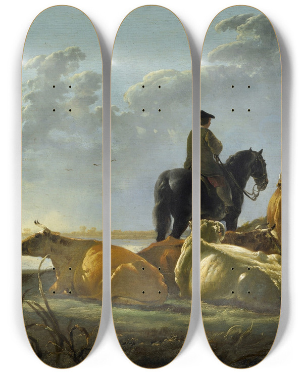 Triptych art skateboard deck of Aelbert Cuyp Peasants And Cattle By The River Merwede by Aelbert Cuyp (1620-1691)