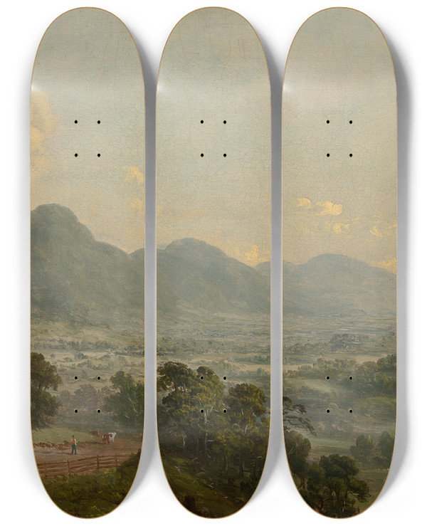 Triptych art skateboard deck of Dewitt Clinton Boutelle Extensive Landscape With Broad Valley And Distant Mountains by Dewitt Clinton Boutelle (1820-1884)