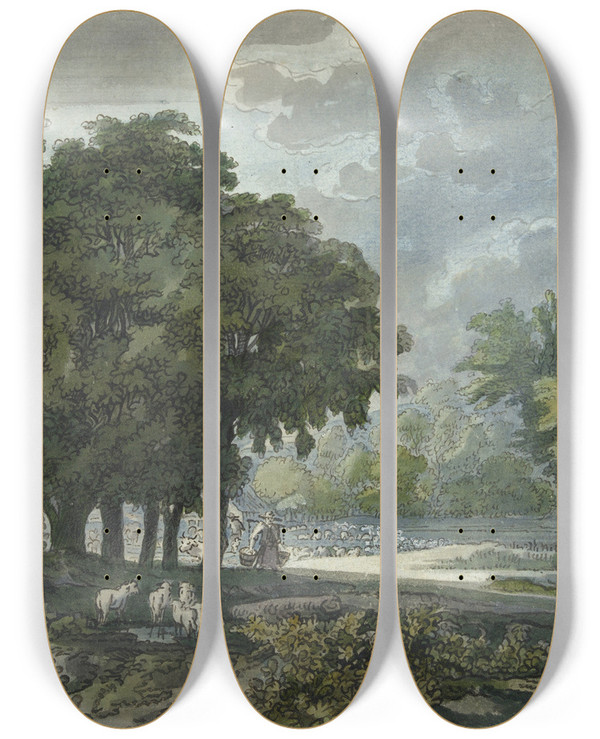 Triptych art skateboard deck of Jacob Van Liender Herders Met Kudde In Bosrijk Landschap_2 by Jacob Van Liender (1696-1759)