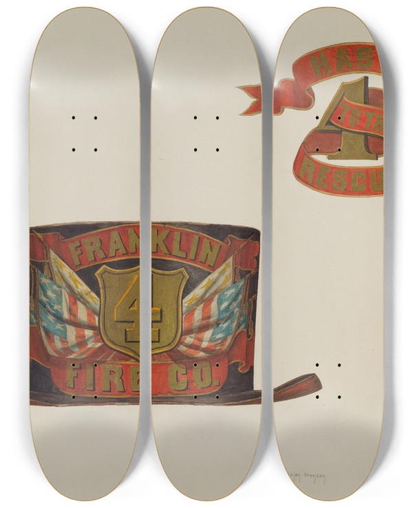 Triptych art skateboard deck of Helen Bronson Firemans Hat by Helen Bronson