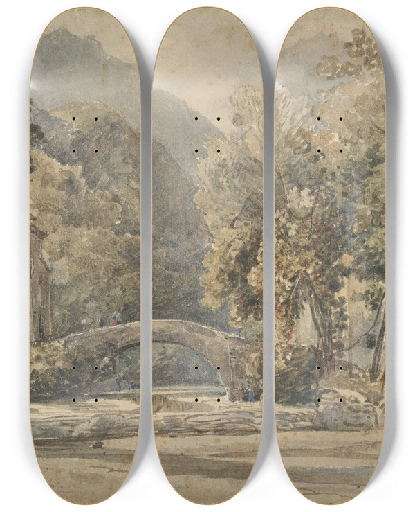 Triptych art skateboard deck of William James Mller Landscape With Bridge by William James Muller (1812-1845)