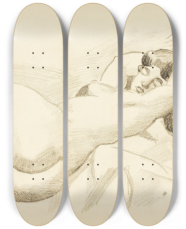 Triptych art skateboard deck of Carl Newman Reclining Female Nude Vii by Carl Newman (1858-1932)