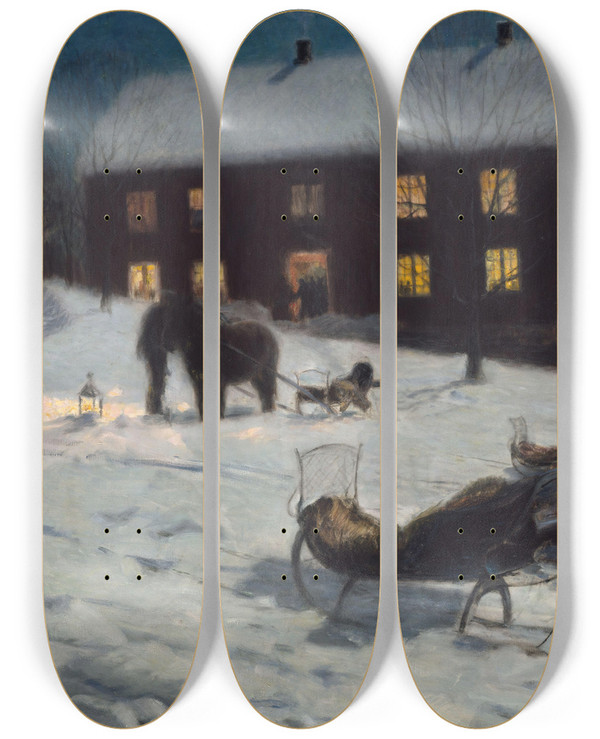 Triptych art skateboard deck of Lars Jorde Christmas Party by Lars Jorde (1865-1939)