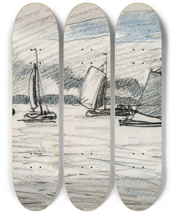 Triptych art skateboard deck of Adolf Le Comte Zeilboten Op Watervlakte by Adolf Le Comte (1850-1921)
