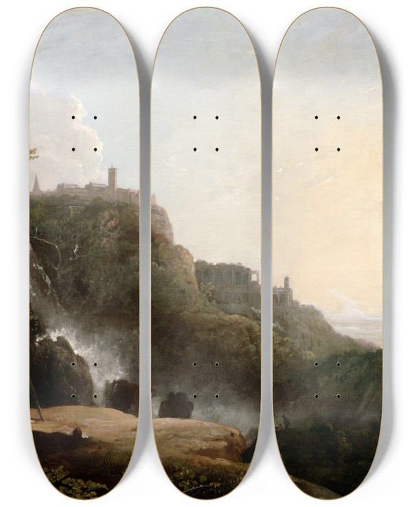 Triptych art skateboard deck of Richard Wilson View Of Tivoli The Cascatelle And The Villa Of Maecenas by Richard Wilson (1714-1782)