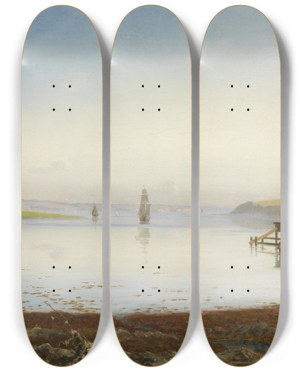 Triptych art skateboard deck of Thorald Lsse Ships On A Fiord by Thorald Laessoe (1816-1878)