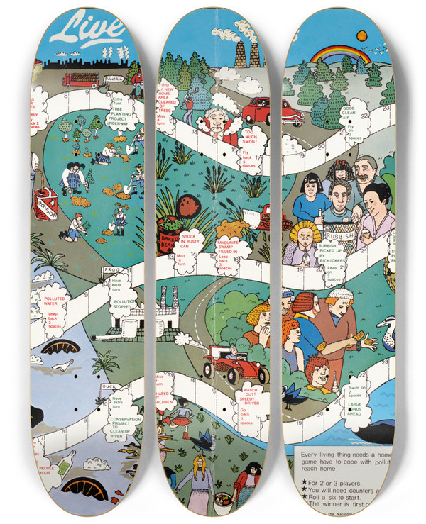 Triptych art skateboard deck of Us Information Agency A Place To Live by U S Information Agency (1953-1999)