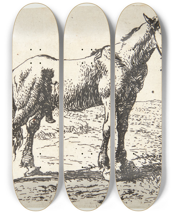 Triptych art skateboard deck of Pieter Van Laer Hest Ved En Brnd by Pieter Van Laer (1592-1642)