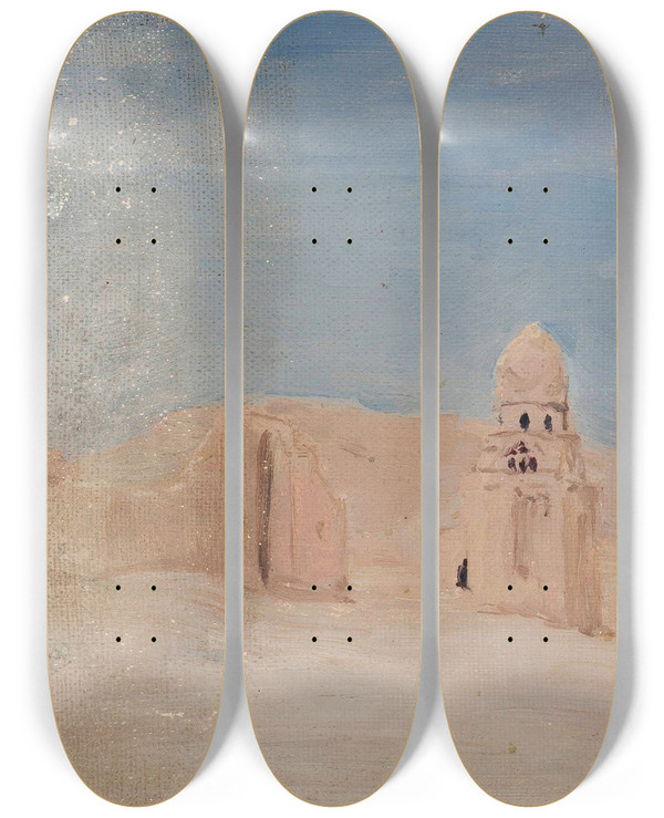 Triptych art skateboard deck of Jan Cigliski Temple From The Journey To Egypt 4 by Jan Ciaglinski (1858-1913)
