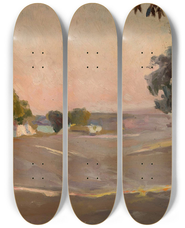 Triptych art skateboard deck of Jan Stanislawski Landscape With Houses And A Fence by Jan Stanislawski (1860-1907)