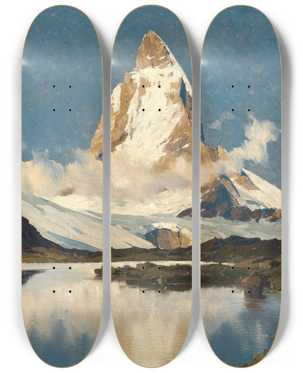 Triptych art skateboard deck of Hans Maurus Matterhorn Und Riffelsee_1 by Hans Maurus (1901-1942)
