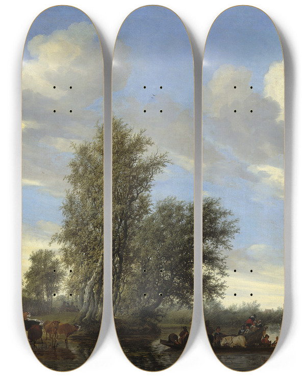 Triptych art skateboard deck of Jacob Salomonsz Van Ruysdael River Landscape With Ferry by Jacob Salomonsz Van Ruysdael (1630-1681)
