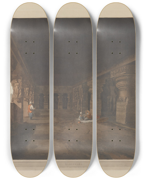 Triptych art skateboard deck of Thomas Daniell Oriental Scenery Pl36 by Thomas Daniell (1749-1840)