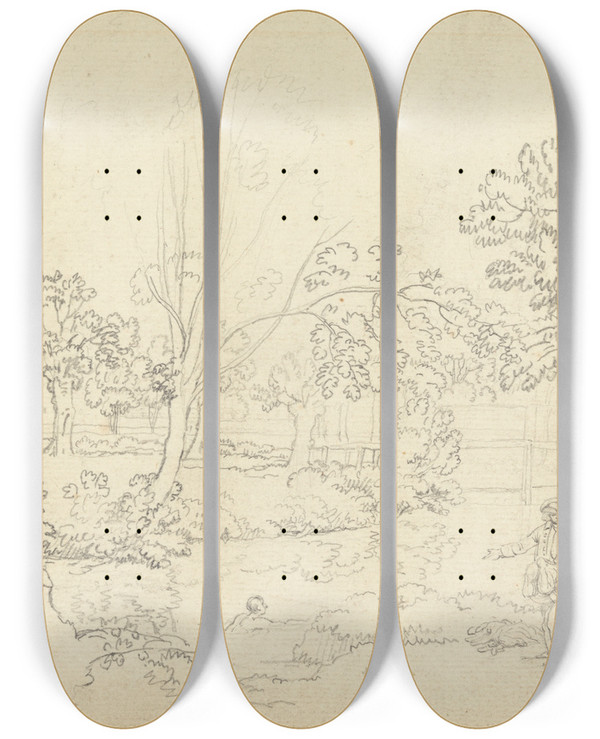 Triptych art skateboard deck of Benjamin West Landscape At Henstead by Benjamin West (1738-1820)