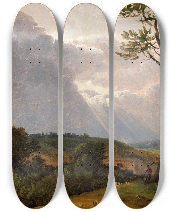 Triptych art skateboard deck of Simon Denis Studie Frn Romerska Campagnan by Simon Denis (1755-1813)