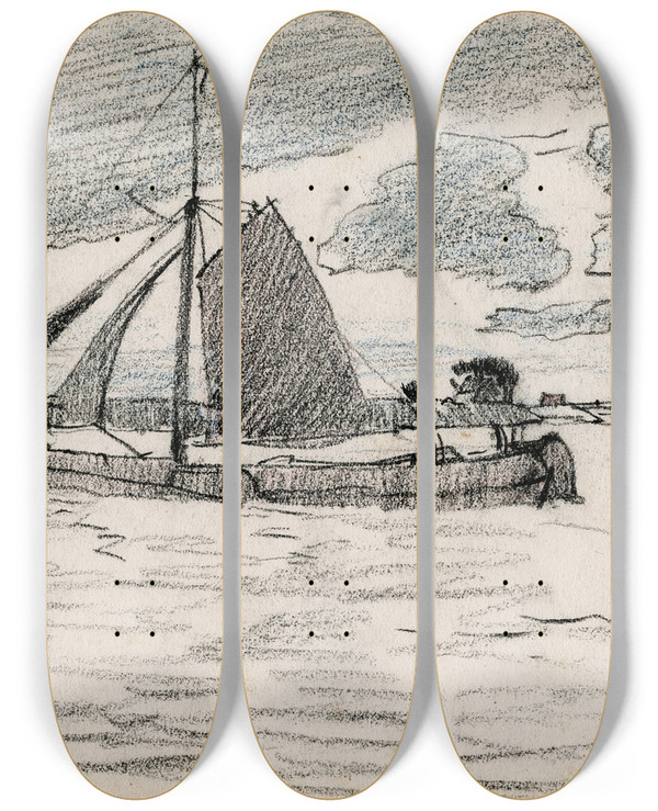 Triptych art skateboard deck of Adolf Le Comte Schuit Op Een Meer by Adolf Le Comte (1850-1921)