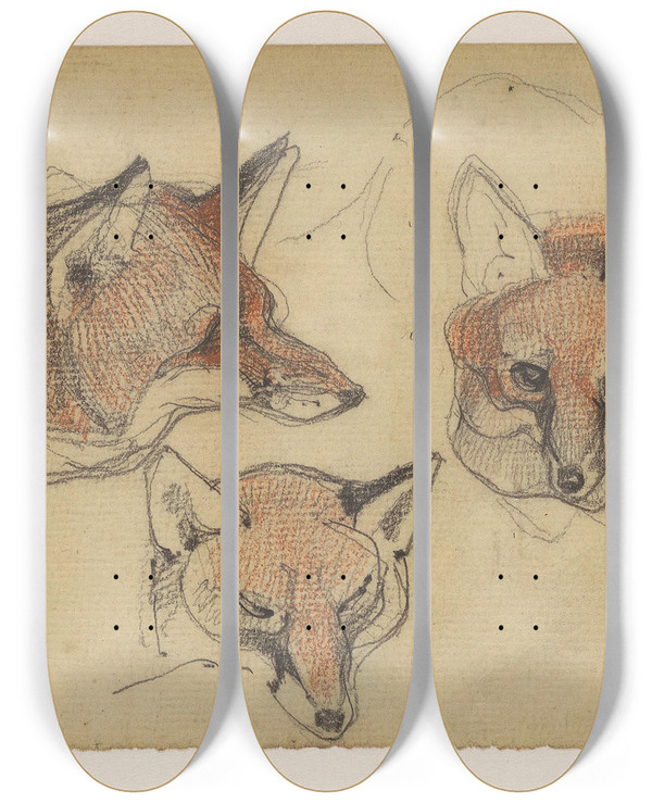 Triptych art skateboard deck of Bernard Willem Wierink Drie Vossenkoppen by Bernard Willem Wierink (1856-1939)
