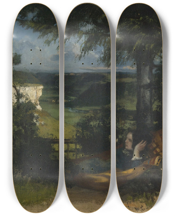 Triptych art skateboard deck of Gustave Courbet Femme Dans Un Hamac by Gustave Courbet (1819-1877)