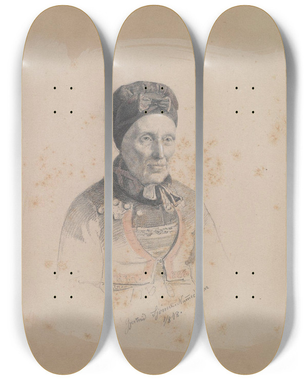 Triptych art skateboard deck of Adolph Tidemand Gjertrud Skjnne And Gunhild Torstensdatter Skjnne by Adolph Tidemand (1814-1876)