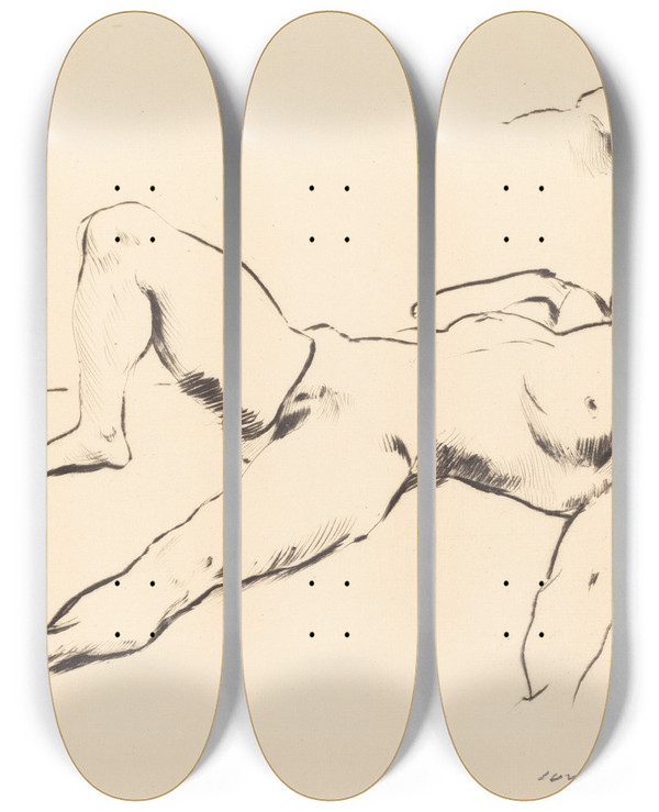 Triptych art skateboard deck of Lovis Corinth Reclining Female Nude Ii Liegender Weiblicher Akt Ii by Lovis Corinth (1858-1925)