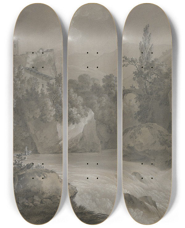 Triptych art skateboard deck of Jeanantoine Linck Vue De Cle Pays De Vaud by Jean-Antoine Linck (1766-1843)