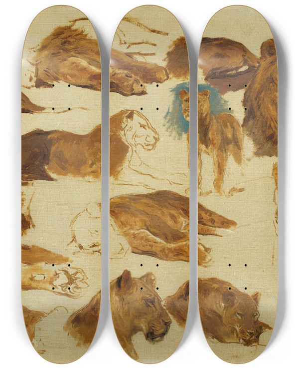 Triptych art skateboard deck of Rosa Bonheur A Sketch Of Lions And Lionesses by Rosa Bonheur (1822-1899)