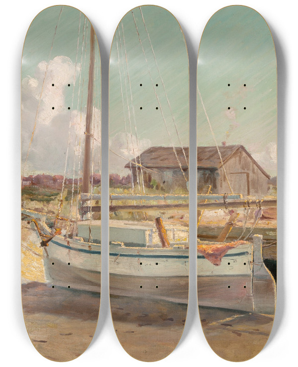 Triptych art skateboard deck of John Bond Francisco Dry Dock by John Bond Francisco (1863-1931)