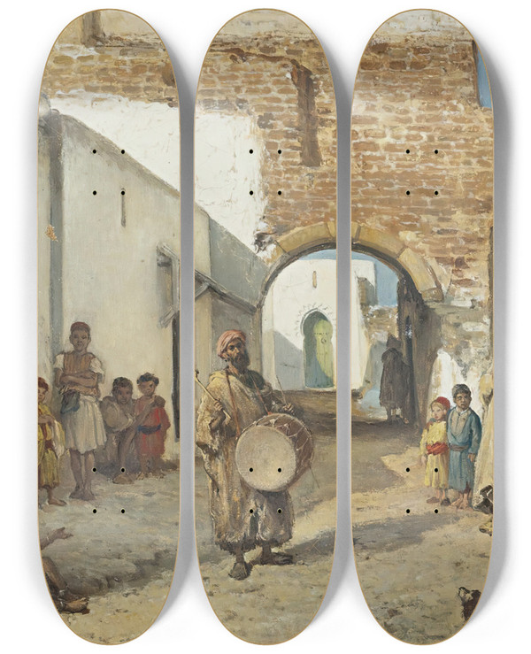 Triptych art skateboard deck of Victor Eeckhout The Musicians Of Tangiers by Victor Eeckhout (1821-1879)